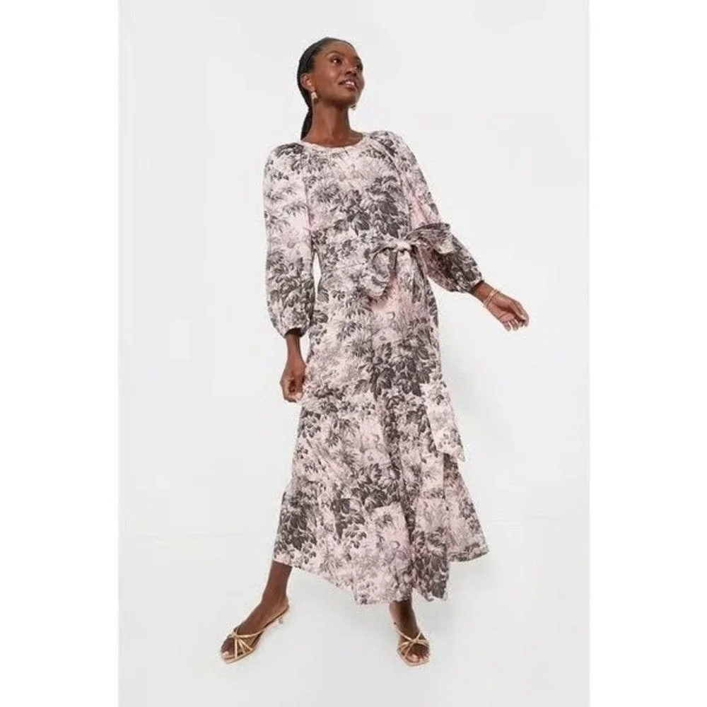 Tuckernuck Pressed Powder Toile Lyles Dress Pink Gray Puff Sleeve Tiered NWT M - Picture 2 of 10